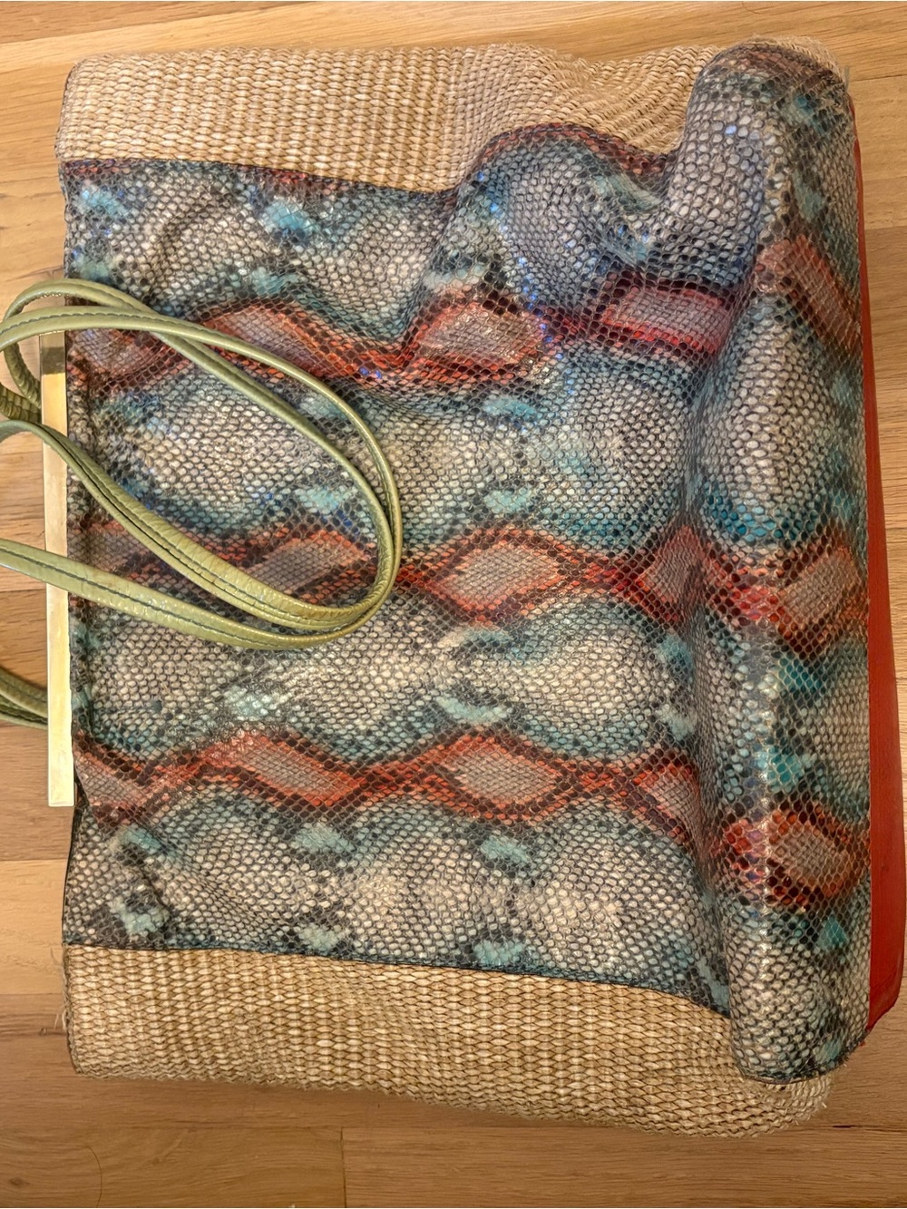 Woven Straw Shoulder Bag with Multicolor Snake-Print and Green Straps